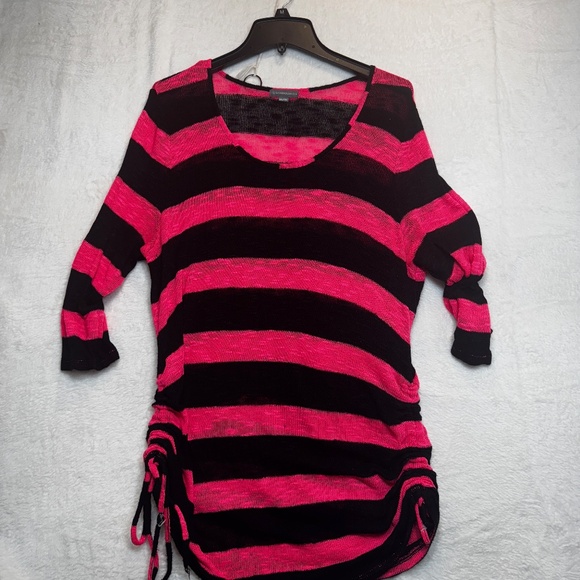 Warehouse One Sweater Womens Size XXL Pink Black Striped Y2K Ruched Sides - Picture 1 of 6